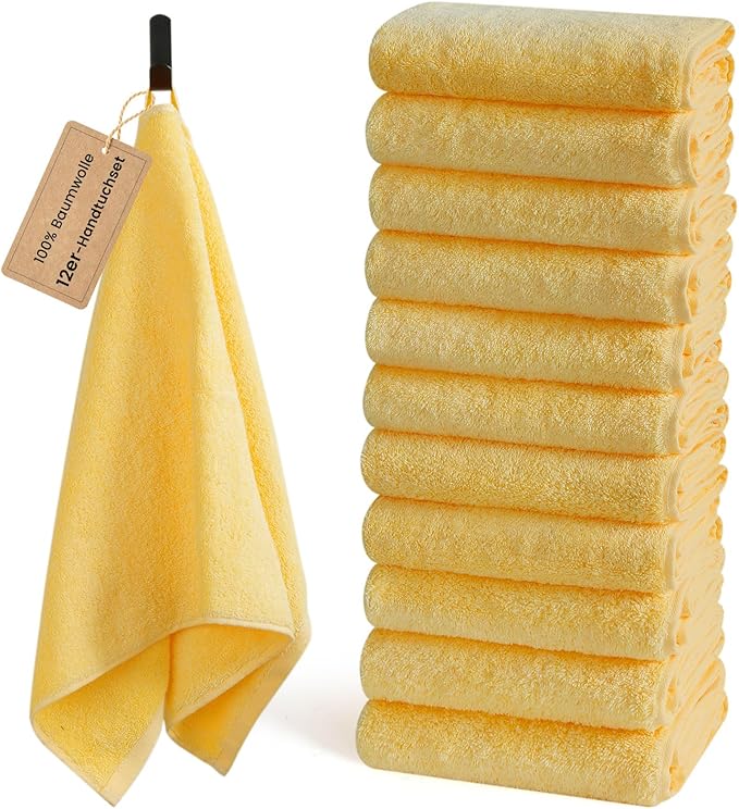 SEMAXE 12 Pack Hand Towels for Bathroom, 100% Cotton Towels with Hanging Loops, Soft and Highly Absorbent, Hand Towel Set for Gym, Shower, Hotel, Spa and Kitchen, Yellow