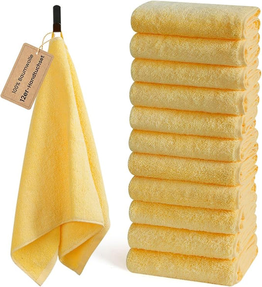 SEMAXE 12 Pack Hand Towels for Bathroom, 100% Cotton Towels with Hanging Loops, Soft and Highly Absorbent, Hand Towel Set for Gym, Shower, Hotel, Spa and Kitchen, Yellow