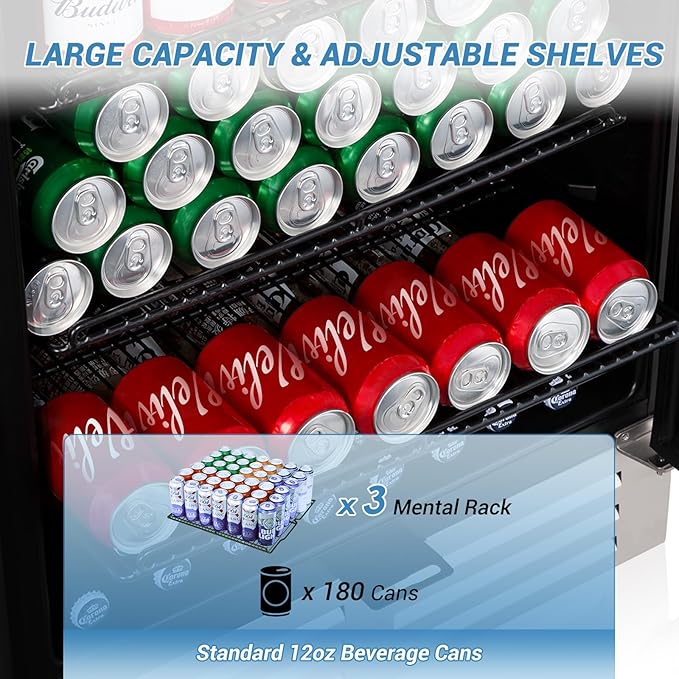 24'' Beverage Refrigerator Cooler,168 Cans Beverage and Beer Fridge with Glass Door, Built-in/Freestanding Drink Fridge for Kitchen, Bar or Office, Stainless Steel Silver