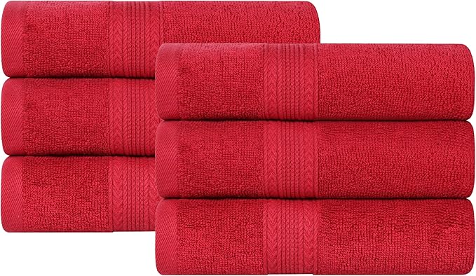 Superior Eco-Friendly Cotton 6-Piece Hand Towel Set, Small Towels for Spa, Resort, Hotel, Guest Bath, Kitchen, Quick Dry, Soft, Bathroom Accessories, Home and Apartment Essentials, Cranberry