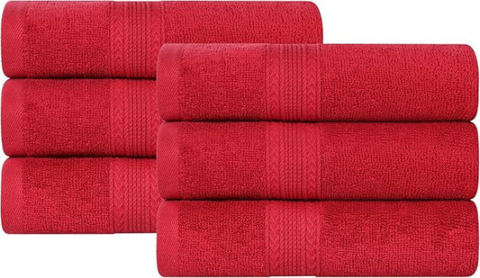 Superior Eco-Friendly Cotton 6-Piece Hand Towel Set, Small Towels for Spa, Resort, Hotel, Guest Bath, Kitchen, Quick Dry, Soft, Bathroom Accessories, Home and Apartment Essentials, Cranberry