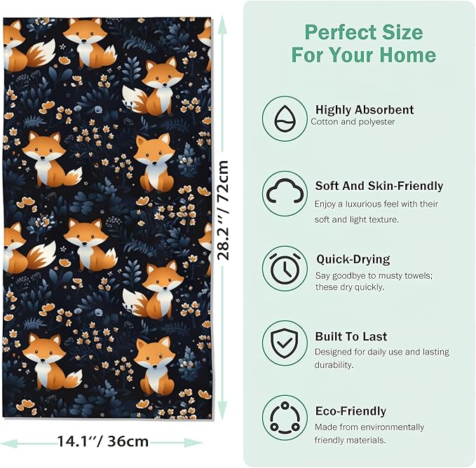Hand Towels for Bathroom,Cute Foxes Floral Hand Towel Set of 2 Face Washcloths Fingertip Kitchen Towels Soft Bath Dish Cloth for Gym Hotel Spa Sport 14"X28"