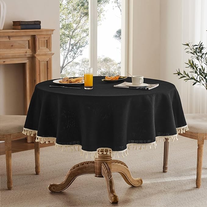 Linen Tablecloth with Tassels, Farmhouse Style Black Tablecloth, Water Resistant Burlap Tablecloths for Round Table, 52 Inch Round Black