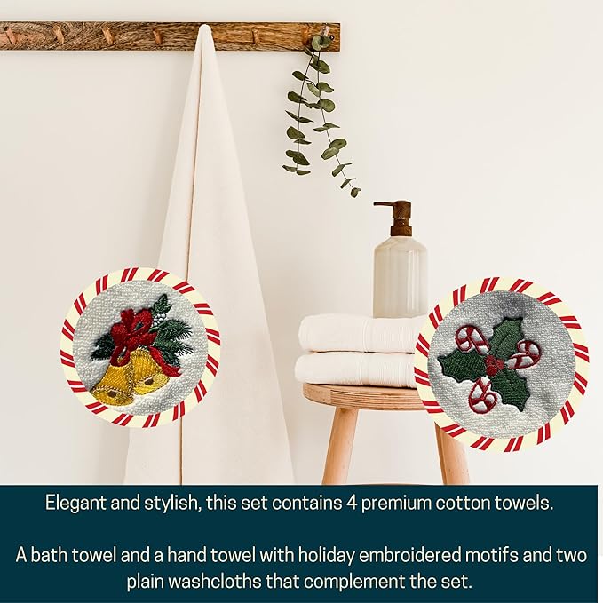 Luzia Christmas Towel Set | Ivory Color | Includes 1 Bath and 1 Hand Towel with Embroidered Designs and 2 Plain Washcloths | Presented in A Beautiful Craft Box