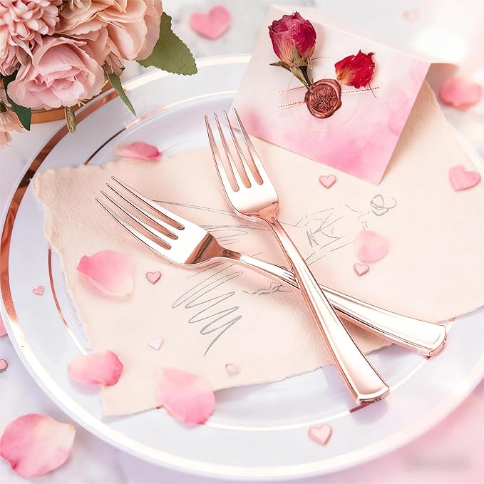 Liacere 200 Pack Rose Gold Forks Disposable - 7.4 inch Heavy Duty Plastic Forks - Heavyweight Plastic Fork - Rose Gold Silverware for Catering, Parties, Dinners, Wedding＆Mother's Day＆Valentine's Day