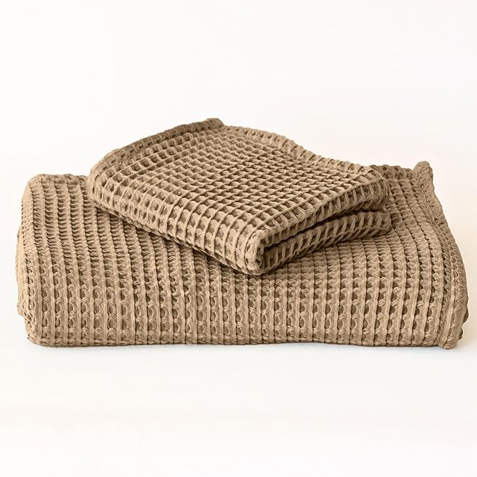 2-Piece Waffle Towels Set for Bathroom Brown - Soft 100% Turkish Cotton Quick-Dry Lint-Free Waffle Weave Thin Bath and Hand Towels (Brown, Set of 2 Mix Towels)