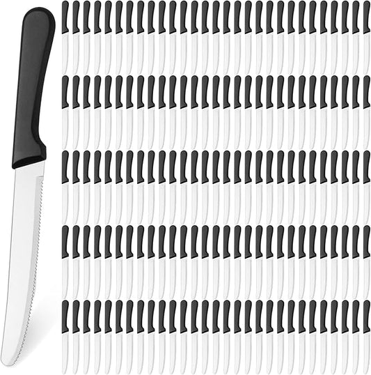 Zhehao 150 Pcs 8.39 Inches Steak Knife Sets Black Stainless Steel Serrated Edge Dinner Knives with Plastic Handle and Round Tip for Home Restaurant