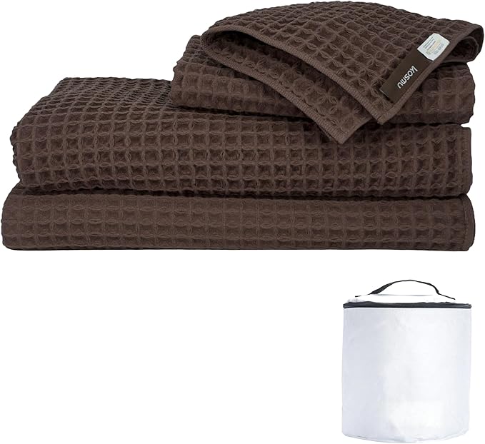 Luxury Organic Japanese Cotton Waffle Bath Towel | Thick, Absorbent, Quick Dry Bathroom Towels for Shower, Sauna, Onsen| Hotel & Spa Quality, Gift-Ready (Dark Cocoa, Complete Set (4-Piece))