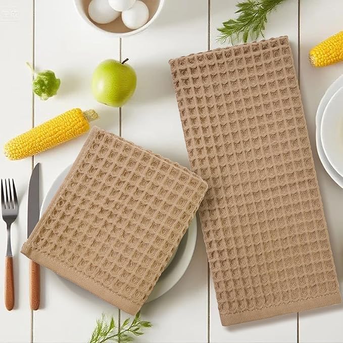 Jacquotha Waffle Bathroom Hand Towels 2-Piece (Tan) – Cotton, Soft, Lightweight, Lint Free, 13” x 29”