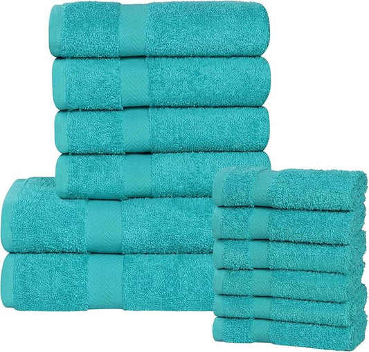 Superior 12-Piece Cotton Assorted Towel Set, Includes 6 Face/Washcloths, 4 Hand, and 2 Bath Towels, Lightweight Essentials, for Home, Beach, Bathroom, Quick Drying, Franklin Collection, Turquoise