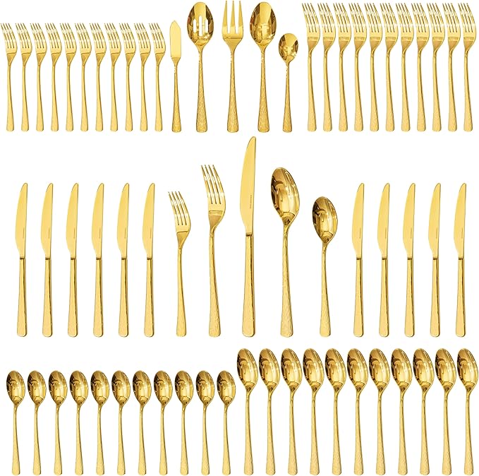 KINGSTONE Gold Hammered Silverware Set, Flatware Set with Serving Utensils, 18/10 Stainless Steel Premium Cutlery with Unique Ripple Handles Design Mirror Polished - Dishwasher Safe (65-Piece)