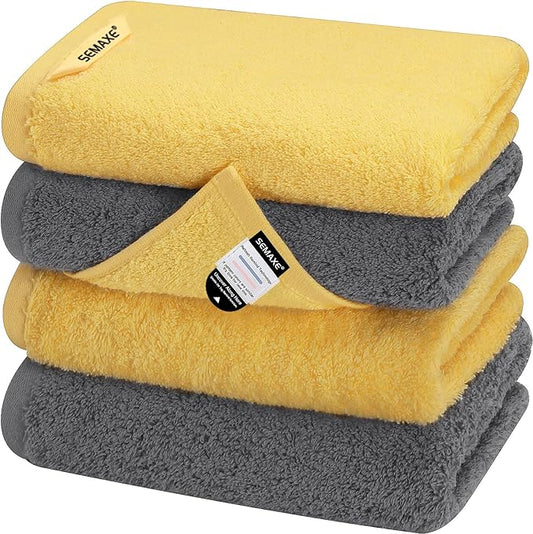 SEMAXE Hand Towels for Bathroom, 100% Cotton Towels with Hanging Loops, Soft and Absorbent, 4 Pack Hand Towel Set for Gym, Shower, Hotel, Spa and Kitchen, Yellow+Grey