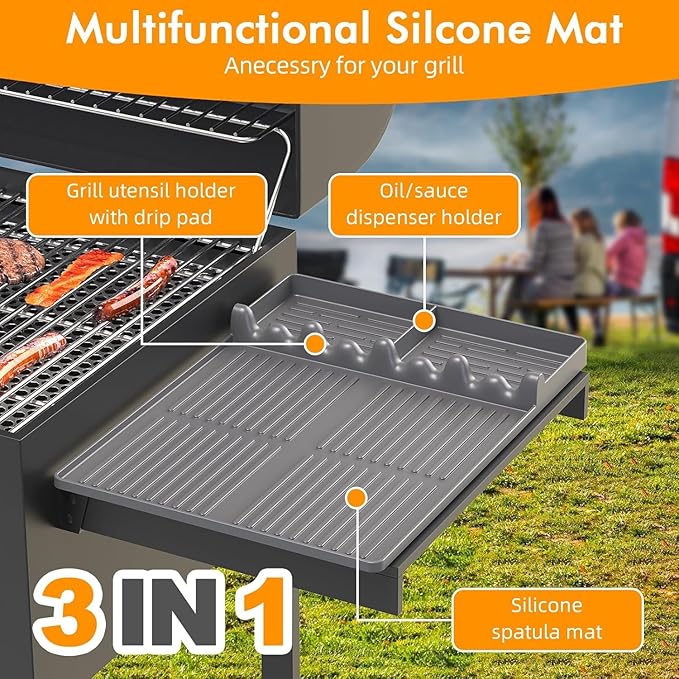 Silicone Griddle Tool Mat Compatible with Blackstone Weber - Flat Top Grill Pellet Smoker Side Shelf Spatula Mat with Drip Pad - Gifts for Men BBQ Grilling Accessories (Grey-2Pcs)