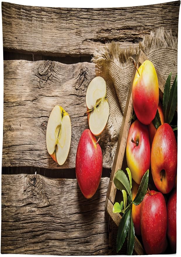 Ambesonne Fruits Tablecloth, Box of Apples on Wood Floor Penal Rusty Nature and Colors Harvesting Print, Rectangular Table Cover for Dining Room Kitchen Decor, 60" X 90", Pale Brown and Red