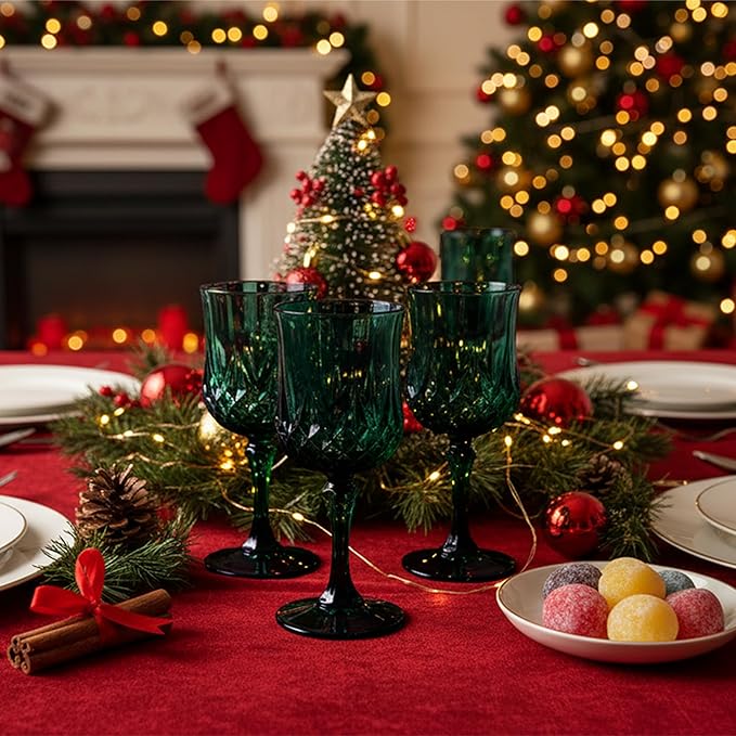 Plastic Wine Glasses，Plastic Goblets Vintage Style Cordial Drinking Glasses for Wedding Reception, Christmas Grand Event Party Supplies (12, Green)