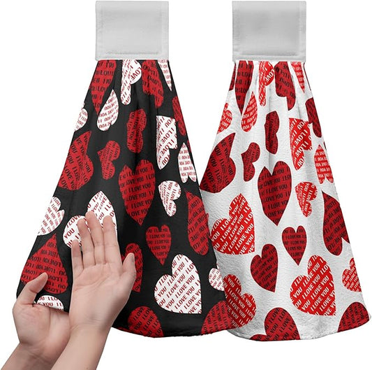 Valentines Day Hand Tie Towel I Love You Heart Hanging Kitchen Towels White Black Valnetine's Love Dish Tea Towels with Hanging Loop Absorbent Practical Bathroom Kitchen Decor