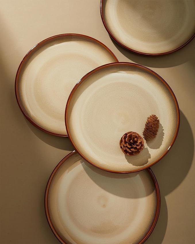 16 Piece Double Bowl Plates and Bowls Sets, Ceramic Dinnerware Sets with Pasta Bowls, Dishwasher & Microwave Safe Dish Set, Scratch Resistant Stoneware Plate Set, Service for 4 Brown Yellow