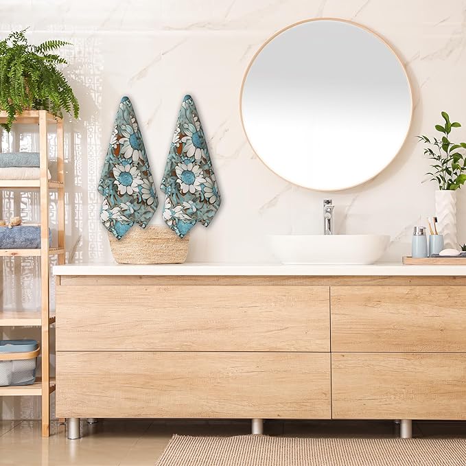 Teal Daisy Flowers Hand Towels for Bathroom,Field Flowers Hand Towel Set of 2 Face Washcloths Fingertip Kitchen Towels 28 x 14 Inch Soft Towels for Gym Hotel