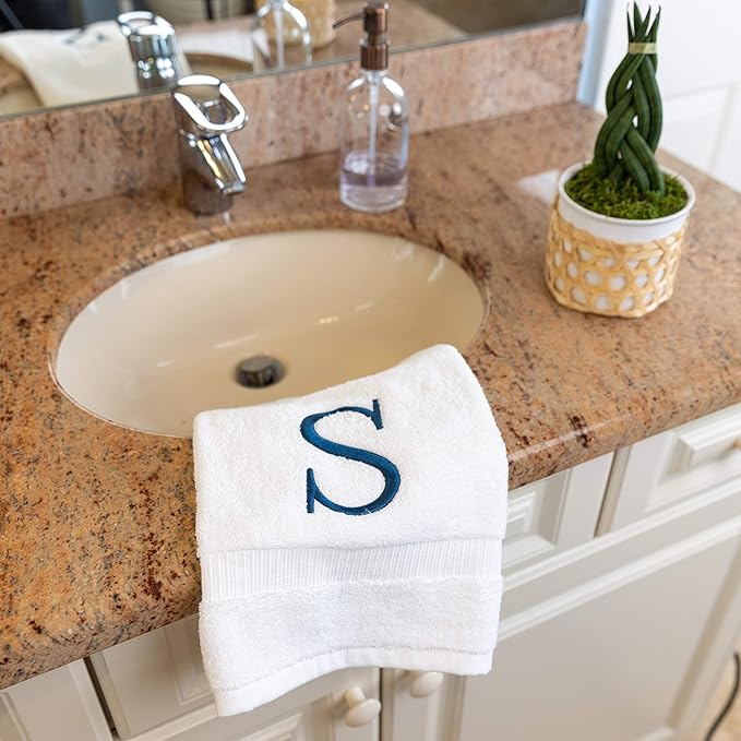 Monogrammed Hand Towels for Bathroom - Luxury Hotel Quality Personalized Initial Decorative Embroidered Bath Towel for Powder Room, Spa - GOTS Organic Certified - Set of 2 Navy Letter S