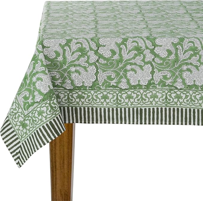 Ridhi Sage Green Hand Block Print Cotton Rectangle Tablecloth 118" x 70" inches Reusable Table Cover Decorative Everyday Use for Dining, Farmhouse, Home, Party, Festive, Wedding, Fall