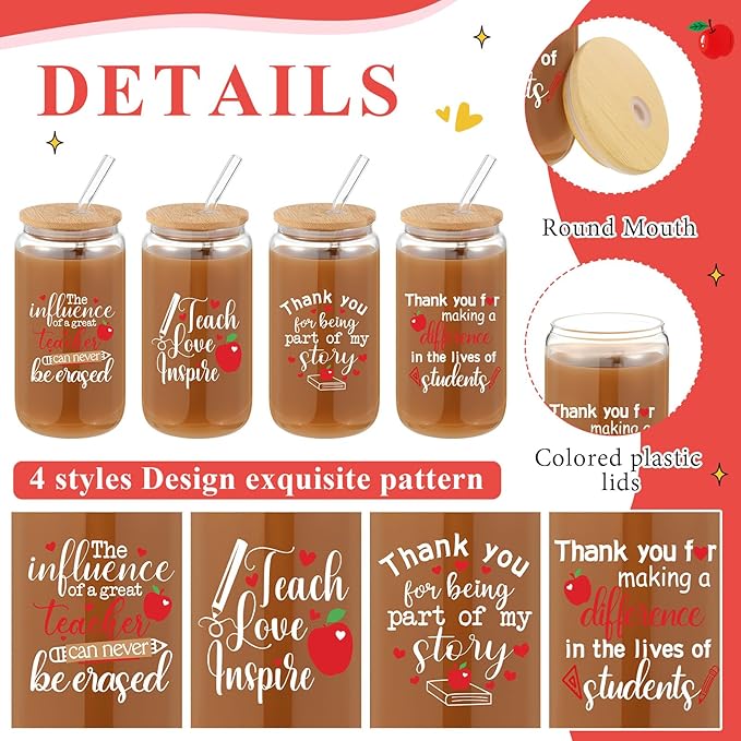 4 Pcs 16 oz Christmas Teacher Gifts for Women Teacher Appreciation Gifts Thank You Coffee Cup Tumbler Drinking Glass Beer Cups with Bamboo Lids Glass Straw Cleaning Brush for Employee Staff(Grateful)