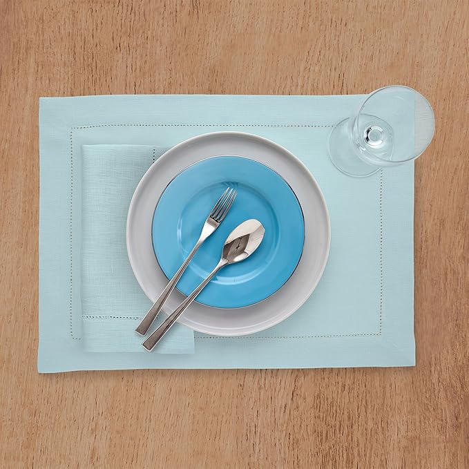 Solino Home Aqua Blue Linen Napkins Set of 4-100% Pure Linen Hemstitch Dinner Napkins 20 x 20 Inch for Winter - Classic Hemstitch