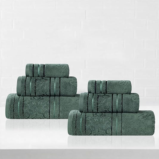 Superior Cotton 6 Piece Towel Set, 2 Bath, 2 Hand, 2 Washcloth/Face Towels, Quick Dry, Home Essentials, Shower, Spa, Luxury Plush Soft Absorbent Towels, Zero-Twist, Jacquard Floral, Forest Green