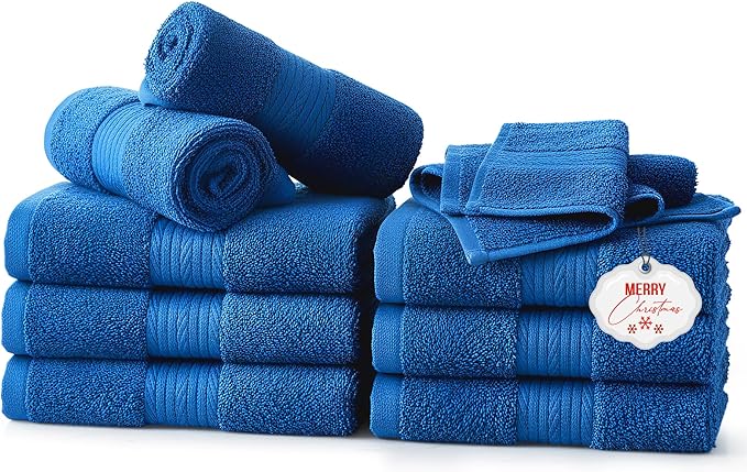 Ample Decor Wash Cloths Set of 10 12 X 12 Inch 100% Cotton 600 GSM, Soft Absorbent and Reusable Fingertip Towels, Oeko Tex Certified Ideal for Bathroom and Powder Room - Navy Blue