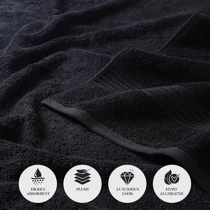 Superior Egyptian Cotton 4-Piece Bath Towel Set for Shower, Bath, Spa, Resort, Hotel, Soft Body Towels, Airbnb Essentials, Apartment, Dorm, Quick Dry, Absorbent, Bathroom Basics, Black
