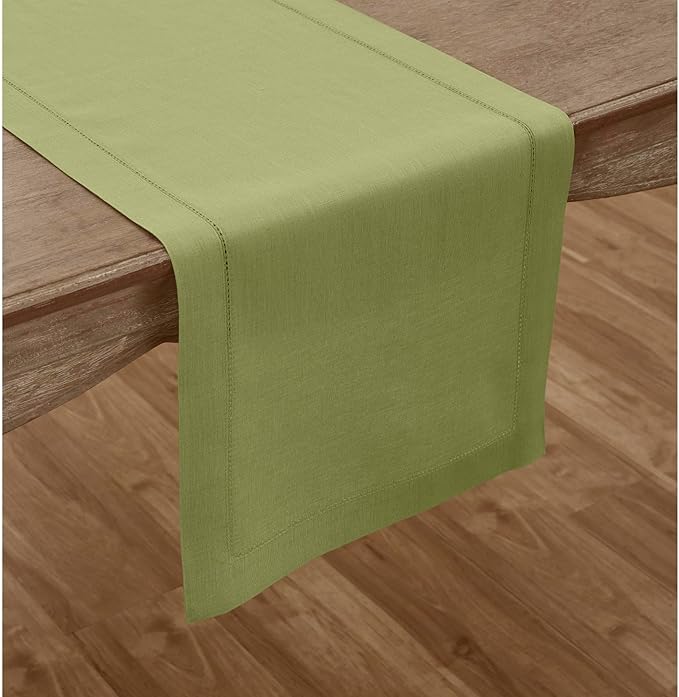 Solino Home Linen Moss Green Hemstitch Table Runner 60 Inches - 100% Pure Linen Small Table Runner 14 x 60 Inch Ideal for Dresser and Coffee Tables - Classic Hemstitch - Winter