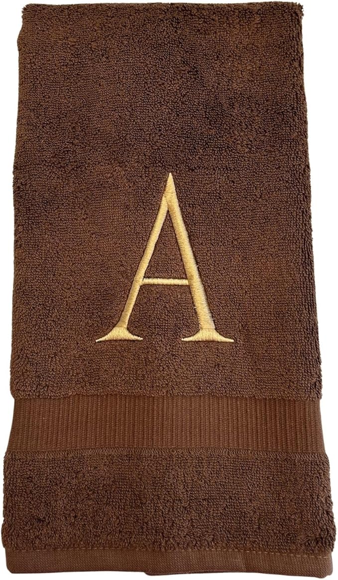 Brown Initial Hand Towel for Bathroom - Monogrammed Luxury Hotel Quality Decorative Embroidered Towel for Powder Room, Spa - GOTS Organic Certified - Set of 2 Beige Letter R