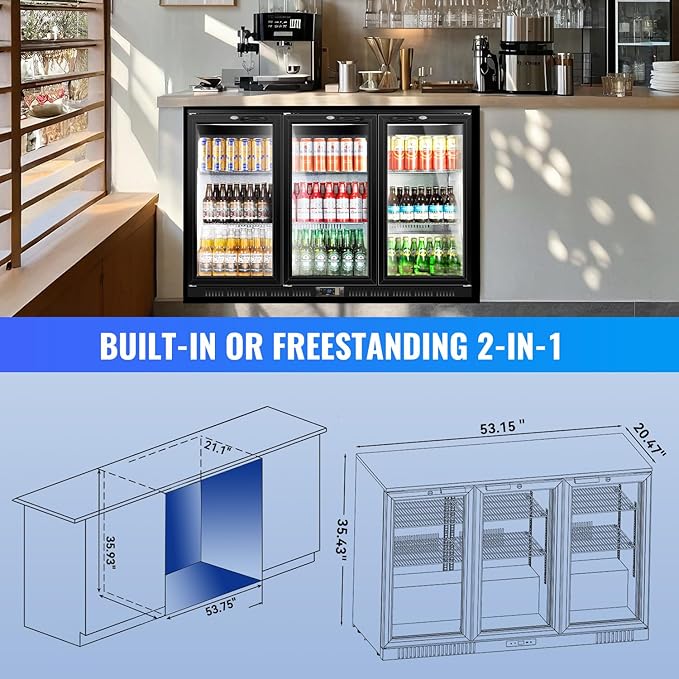 Tylza Back Bar Cooler With 3 Glass Doors, 312L Under Counter Back Bar Refrigerator with LED Lighting, Safety Locks, Counter Height Bar Beverage Cooler for Beer, Soda Drinks, Wine, Black