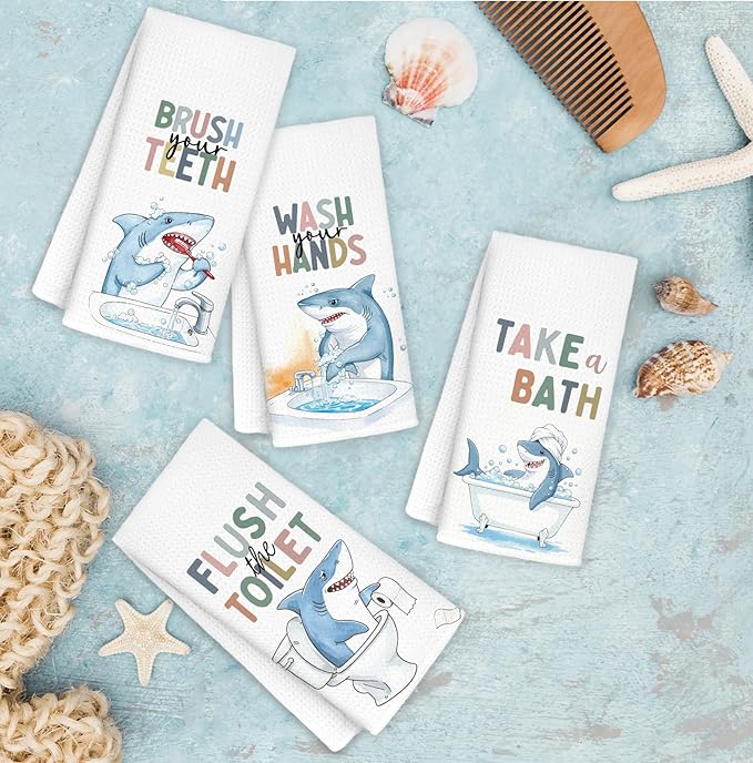Shark Bathroom Hand Towels, Shark Bathroom Decor, Sharks Lover Gifts Decorative Hand Towels for Kids Bathrooms, Funny Coastal Beach Kitchen Towels, 16x24 Inch Set of 4