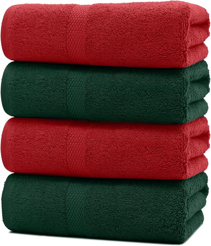 DAN RIVER Christmas Bath Towels Set of 4, 27 x 54 Inches for Your Loved Ones or a Festive Treat for Yourself. 100% Cotton, Larger & Lighter Weight, Ideal Black & Green Bath Towels.