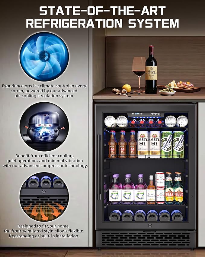 24-Inch Beverage Refrigerator, 200-Can Glass Door Cooler with Adjustable Shelves, Quiet Cooling, Freestanding or Under-Counter – Compatible with Beer, Soda, Wine, Milk, Suita