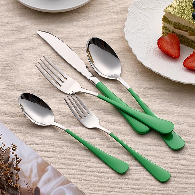 20-Piece Green Silverware Set 18/0 Stainless Steel Silverware Set Green Handle Cutlery Set Service for 4 Dinner Knives Forks Spoons Set Flatware Set Finish Dishwasher Safe…