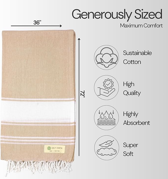 Salt Earth Cotton Turkish Beach Towel, Set of 2-36" X72" Large Bath Towels, Quick Dry Towel, Bathroom, Beach Essentials, Gym, Quick Dry for Shower, Lightweight Large Towels for All (Beige)