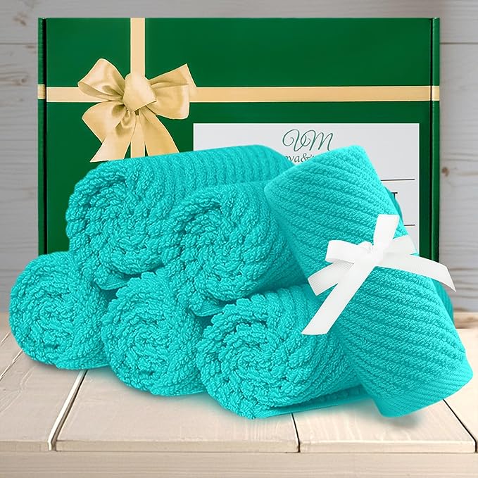 Turquoise Washcloths (6PC, 13"x13") - 100% Cotton | Lightweight | Thick | Quick Dry | Soft | Absorbent, Luxury Towels for Face, Fluffy Wash Cloths for Bathroom, Towel Gift Set, Turquoise