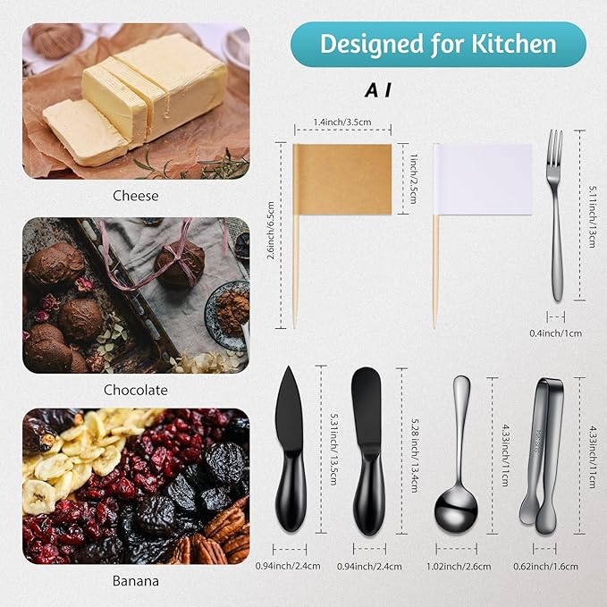 Patelai Charcuterie Board Accessories Cheese Spreader Knife Set Charcuterie Utensils Butter Knife Stainless Steel Mini Serving Tongs Spoons Appetizer Forks for Pastry Christmas(Black,20 Pieces)