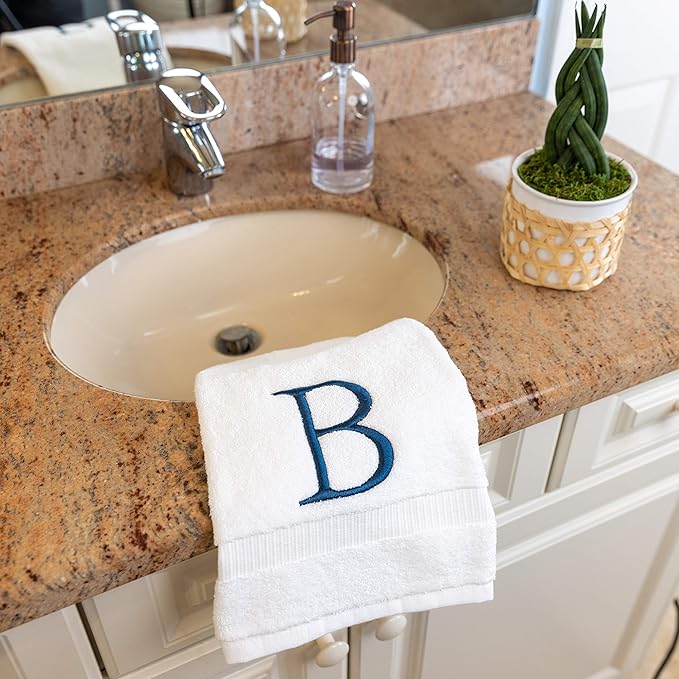 Monogrammed Hand Towels for Bathroom - Luxury Hotel Quality Personalized Initial Decorative Embroidered Bath Towel for Powder Room, Spa - GOTS Organic Certified - Set of 2 Navy Letter B
