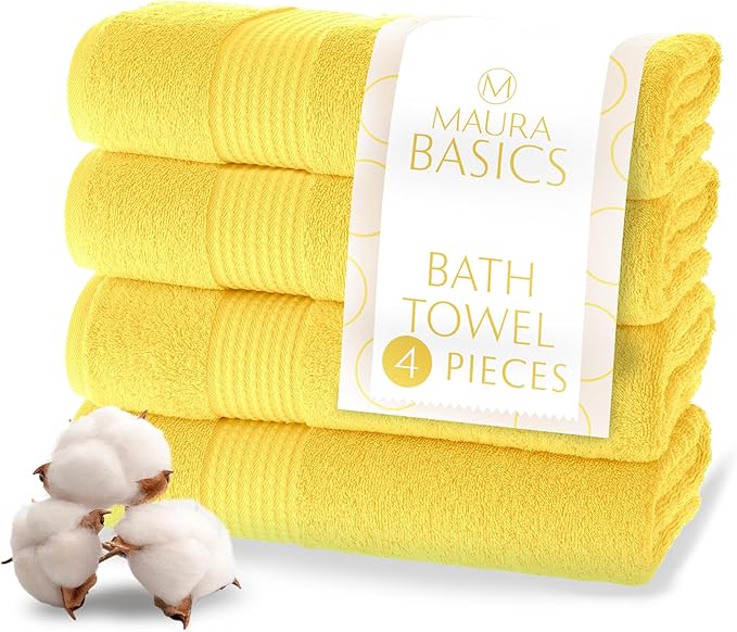 MAURA Basics Performance Bath Towels 100% Turkish Cotton with Hook Loops. Extra Large Luxury Absorbent Plush Towel Sets for Bathroom, Daily Use American Standard Size 27”x54”, Yellow
