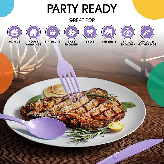 Party Solids Lavender Plastic Spoons 200 Pcs Lavender Spoons Disposable Utensils Heavy Duty Plastic Cutlery Set Disposable Cutlery Sets Flatware Sets Silverware Set Party Supplies & Party Tableware