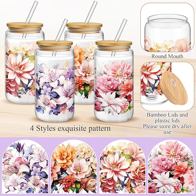 Mumufy 4 Pcs Gift for Women Bloom Floral Elegant Glass Cup Tumbler Blooming Garden 16 oz Iced Coffee Glass with Bamboo Lid & Straw, Mothers Day Birthday Gift for Mom Sister Bridesmaid Baby Shower