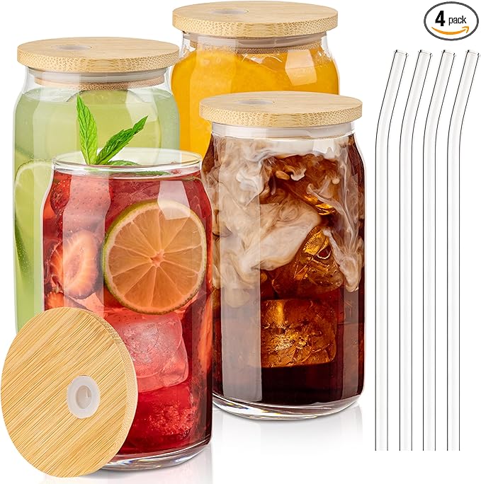 Glass Cups with Lids and Straws, 16 Oz - Set of 4 Reusable Iced Cold Coffee Tumblers - Clear Glass Bottle for Water with Bamboo Lids