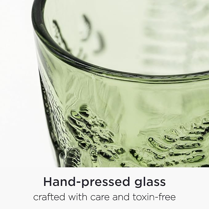 Green Glass Goblets Set of 4, 10 oz Stemmed Wine Glasses, Handcrafted Vintage Green Glassware, Fern Embossed Colored Stemware, Boho Aesthetic Textured Drinkware, Retro Home Decor Christmas Gift Set