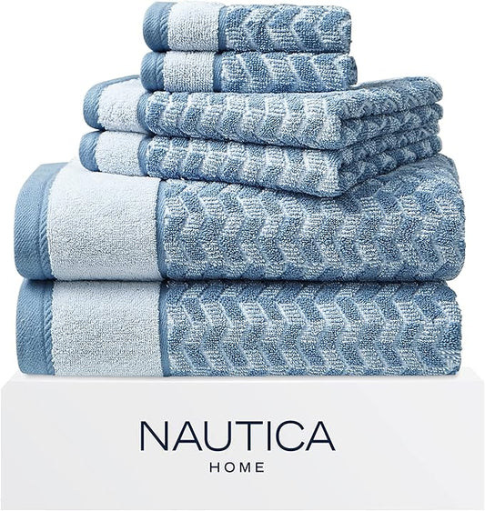 Nautica - Bath Towels, Highly Absorbent & Soft Bathroom Essentials, Oeko-Tex Certified (Zane Chevron Blue, 6-Piece)