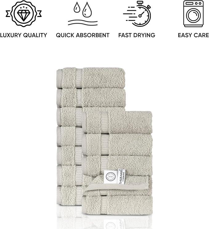 SALBAKOS 100% Turkish Cotton Washcloth Set of 12 13x13 inch | Heirloom Quality | Hotel & Spa Collection | Ultra Soft, Super Absorbent, Washcloth Towels | Made in Turkey (Stone, 12 Washcloths)