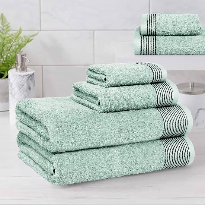 Belizzi Home 100% Cotton Ultra Soft 6 Pack Towel Set, Contains 2 Bath Towels 28x55 inchs, 2 Hand Towels 16x24 inchs & 2 Washcloths 12x12 inchs, Compact Lightweight & Highly Absorbant - Sea Green