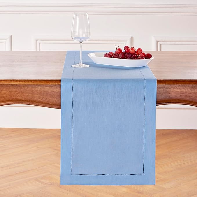 Solino Home Linen Cornflower Blue Table Runner 144 Inches Long - 100% Pure Linen Hemstitch 14 x 144 Inch Table Runner for Dining, Winter - Classic Hemstitch