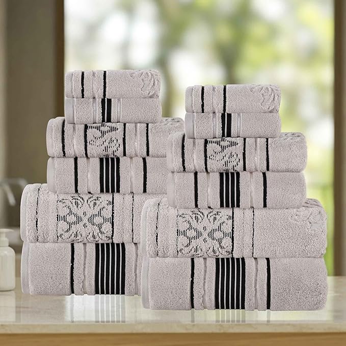 Superior Cotton 12 Piece Assorted Floral Towel Set, Includes 4 Bath, 4 Hand, 4 Washcloth/Face Towels, Quick Dry, Home Essentials, Shower, Spa, Luxury Plush Soft Absorbent Towels, Zero Twist, Platinum